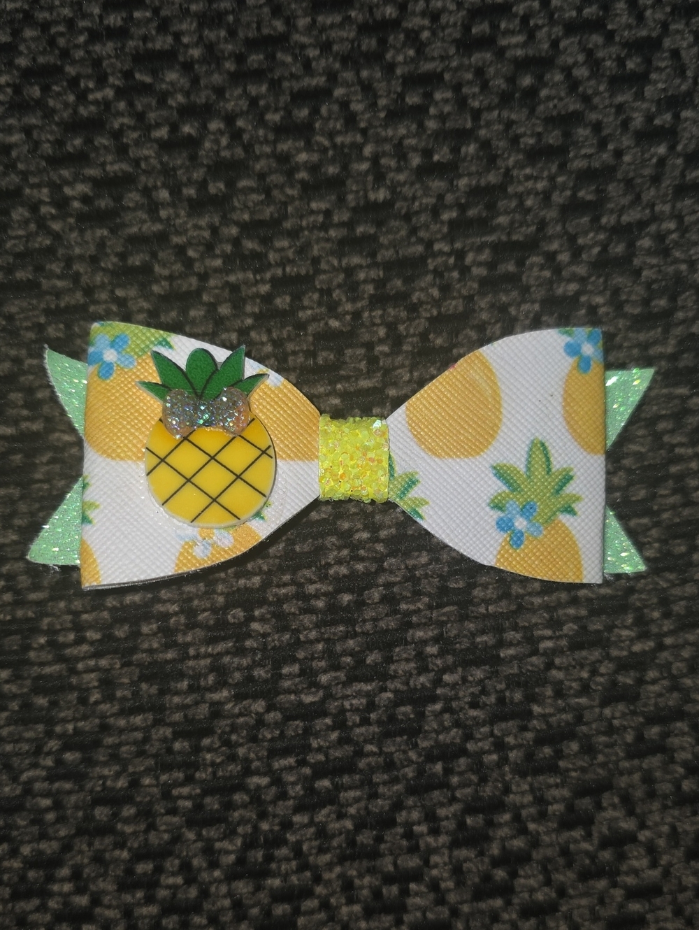 Yellow Pineapple Print Hair Bow Clip with Green Accents